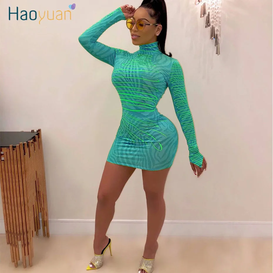 

HAOYUAN Sexy Club Dresses Party Night Women Elegant Clothes Fall Vestidos Short Mini Dress Long Sleeve Turtleneck Bodycon Dress