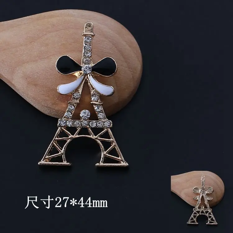 Rhinestone Eiffel Tower Charm Pendants for Flower Center 10pcs Gold Metal Embellishment with Crystal 2pcs Flat Back DIY Buttons