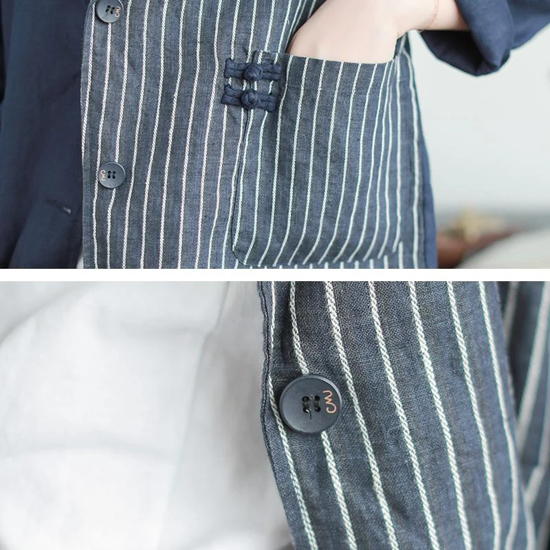 New  Autumn New Arts Style Women Long Sleeve stripe Patchwork Cotton Linen Button Vintage Jackets all-ma