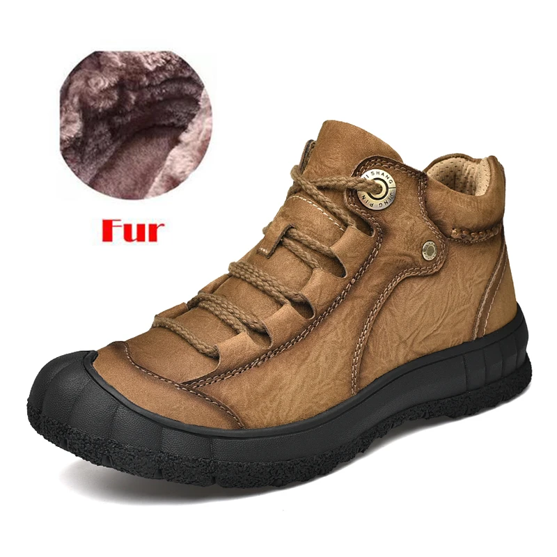 Высококачественные мужские ботинки из натуральной кожи; теплые плюшевые зимние ботинки на меху; Мужская водонепроницаемая Уличная обувь размера плюс; Зимние ботильоны - Цвет: khaki