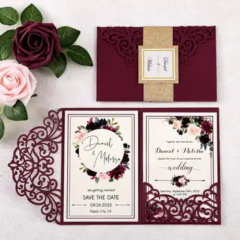 

100pcs New Arrival Burgundy Wedding Invitations Laser Cut Invitation Pocket with Castle Patten for Wedding