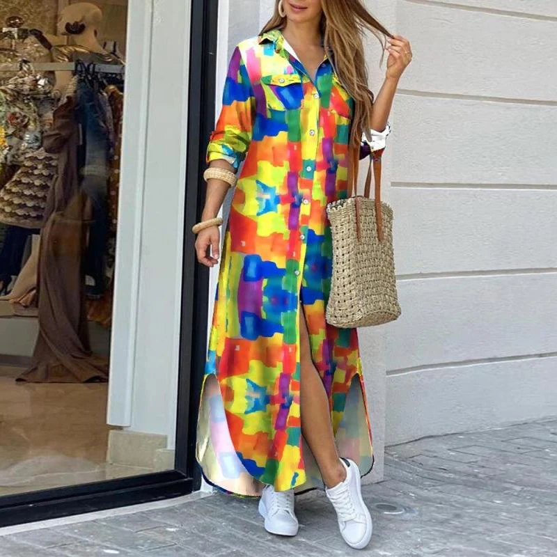 

Elegant Vintage Printed Maxi Dress Women 2021 Autumn Long Dresses Femme Robe Holiday Beach Lady Shirt Dresses Fashion Vestidos