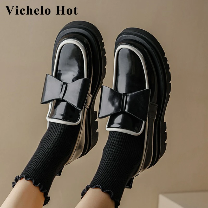 

Vichelo Hot 2022 new arrival spring mixed colors lovely shoes flat platform round toe bordered med heel butterfly-knot pumps l05