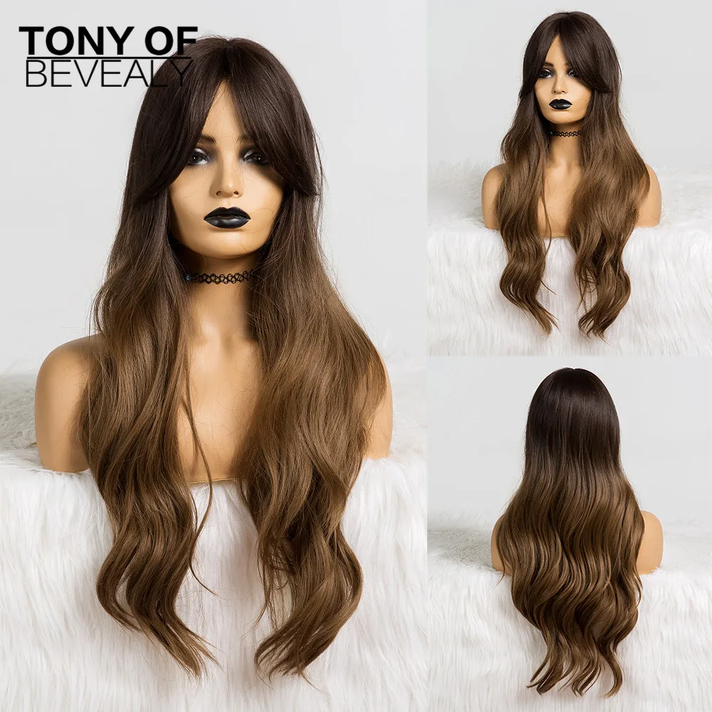 Длинные волнистые коричневые парики с челкой термостойкие синтетические парики для черных женщин афро-американские Косплей парики средняя часть - Цвет: lc237-2