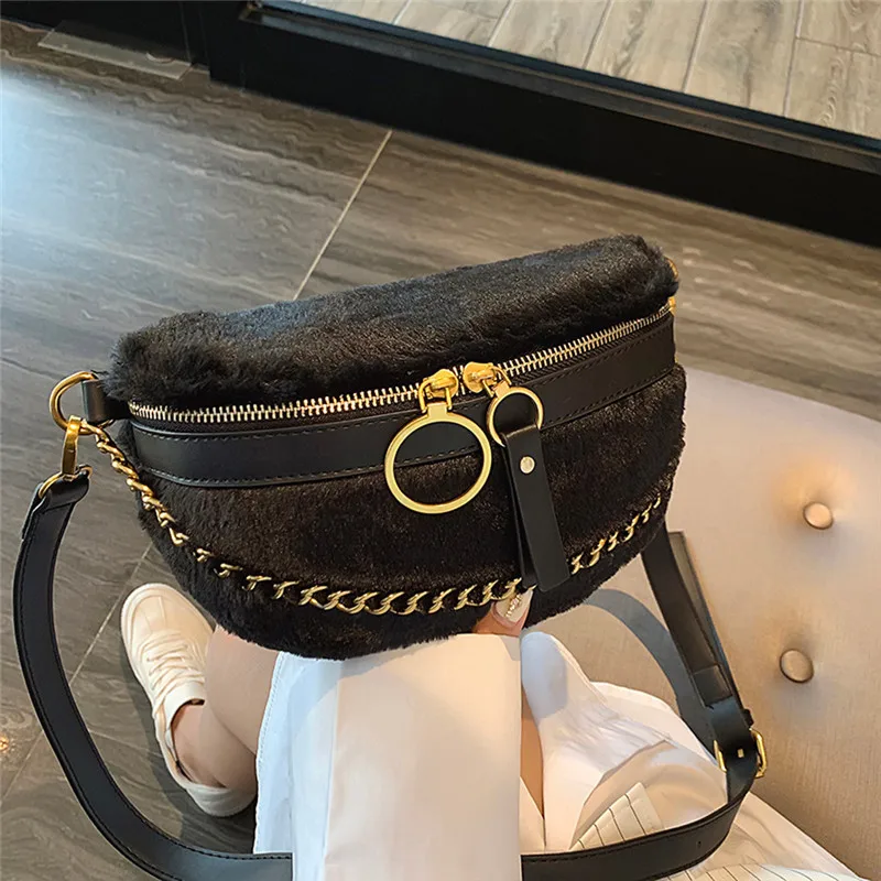 Wool Plush Waist Bags Women Money Belt Bags Luxury Design Ladies Chain Waist Packs Purse Female Shoulder Fanny Bags#40