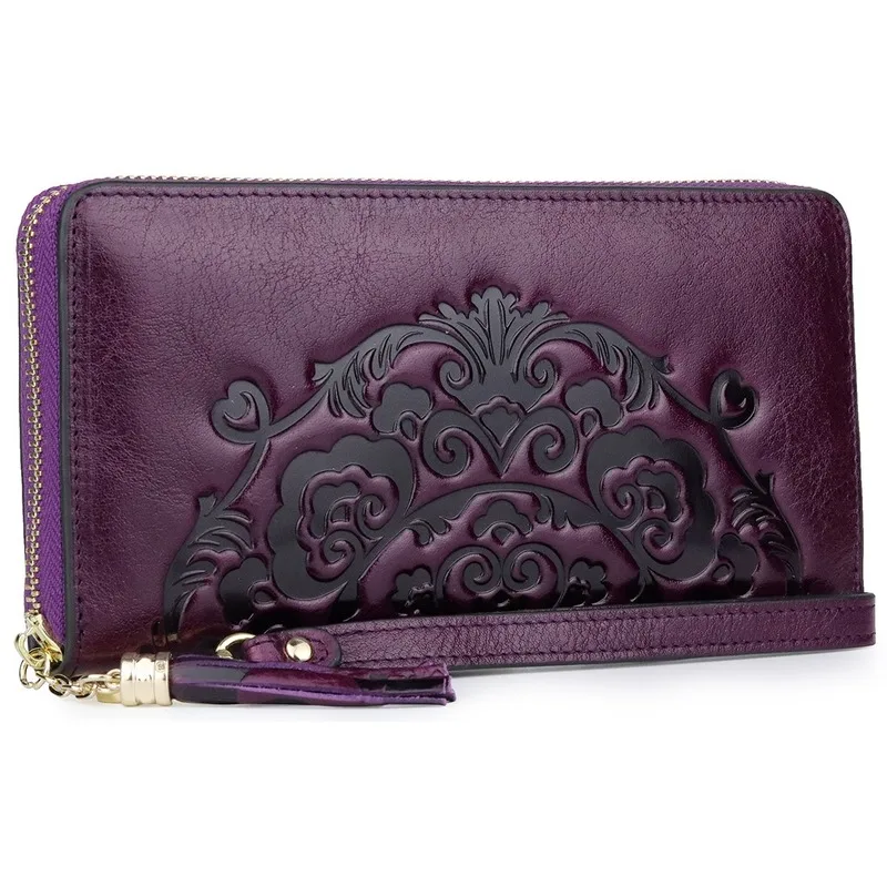 

2020 NewStyleTopLayer Oil WaxLeather LongWallet Embossed Zipper Bag Female TasselNationalStyle Women'sHandbag wallets for women