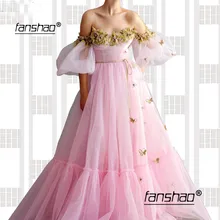 Pink Off the Shoulder Evening Dress Gold Lace Robe De Soiree Dubai Saudi Arabic Evening Gown Boho Prom Dress vestidos