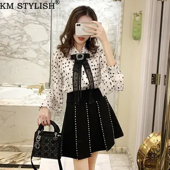 

Fashion Women Blouse Shirt 2019 Female White Black Bow Diamond Shirt Autumn New Long-sleeve Polka Dot Chiffon Office Lady Shirt