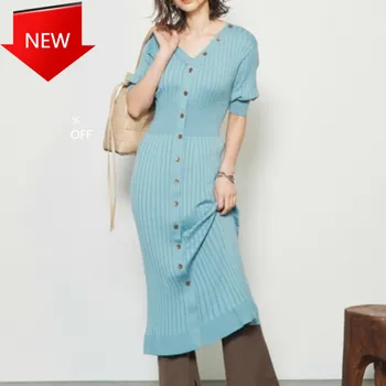 

Half Sleeve Slim Fit Knit Dresses A-Line Soft Chic Button Femme Vestidos Japanese Style Elegant Temperament Dress Women V-neck
