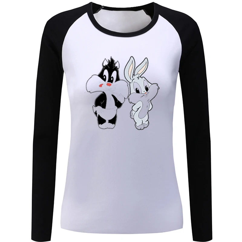 Cartoon Cute Rabbit Bugs Bunny and Tweety Birds Black Cat Womens Ladies Printing T shirt Graphic Tee Shirt Cotton Tshirts Gift | Женская