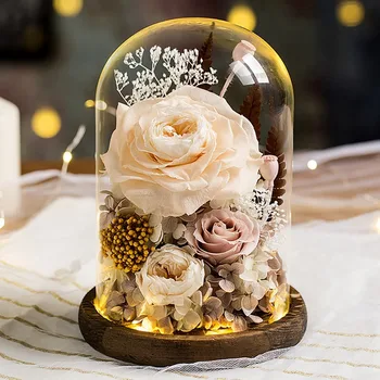 

Rose Flower LED Light String Artificial Beauty And The Beast Rose Gold Foil In Glass Dome On Wooden Base The Best Women Gift