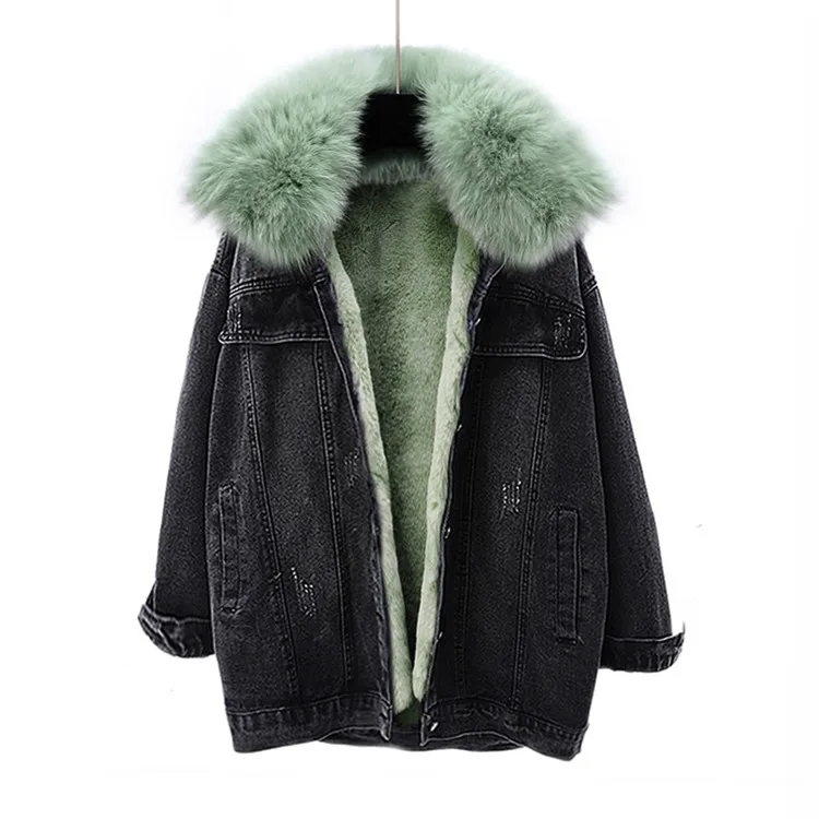 Vintage Winter Denim Jacket Women Korean New Removable Rabbit fur liner Fox Fur Collar Jean Coat Loose Thick Warm Jeans Jacket