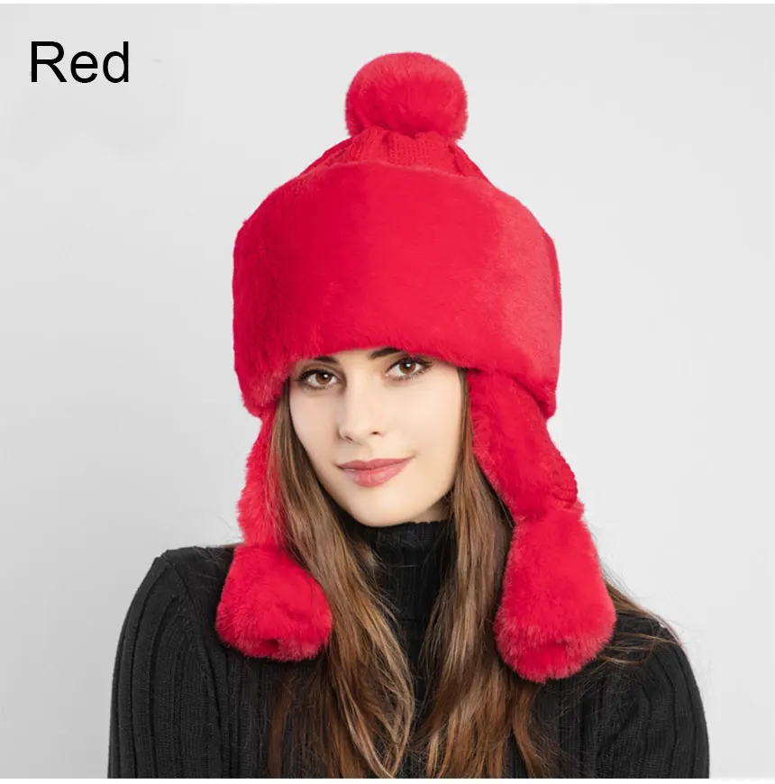 red Женская шапка из искусственного меха,, высокое качество, зимние вязаные шапки для женщин, теплая хлопковая вязаная меховая шапка, шапка-ушанка с градиентом - Цвет: red