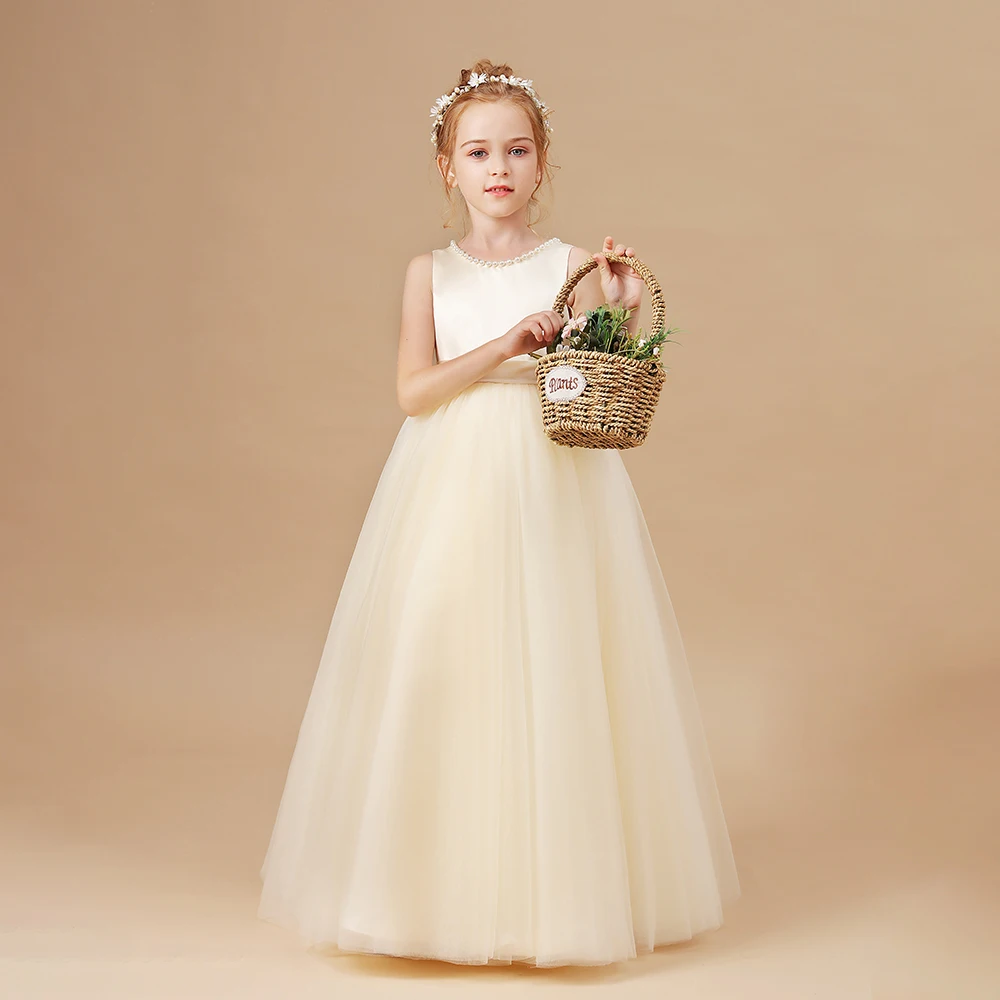 Kids Princess Dress Wedding Flower Girl Dress Children Prom Ball Gown Party Long Dress Sleeveless Bow Birthday Party Dress
