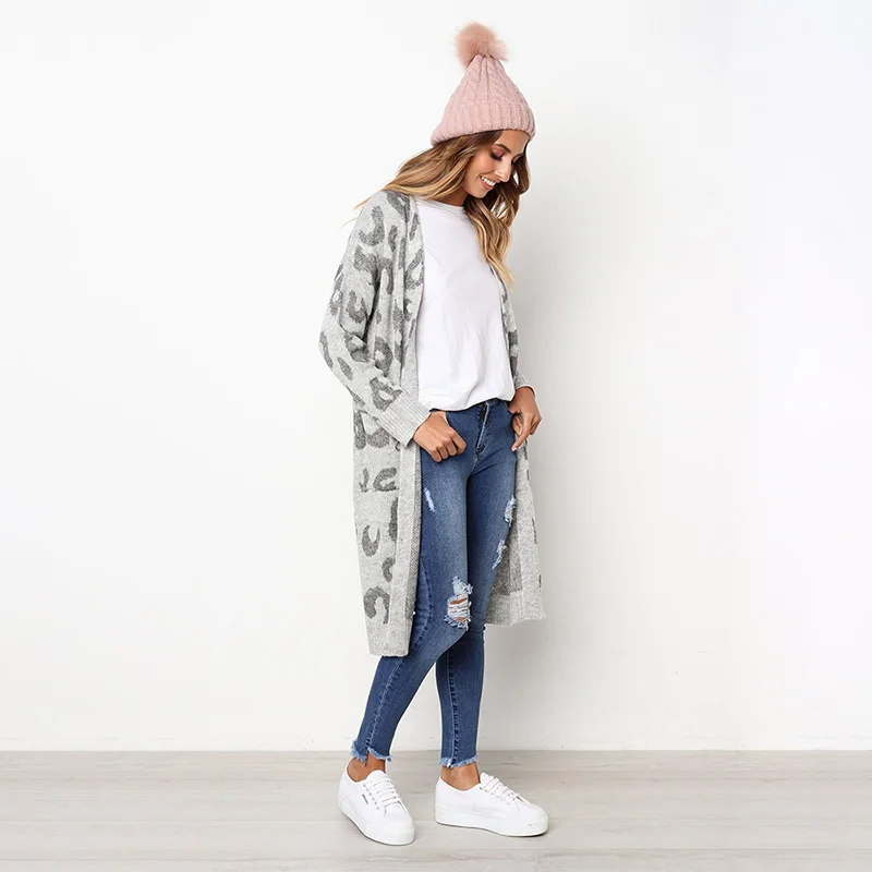 Fitshinling Мода зимний Кардиган женский свитер с длинными рукавами Boho леопардовые карманы Тонкий длинный кардиган вязаный жакет женский