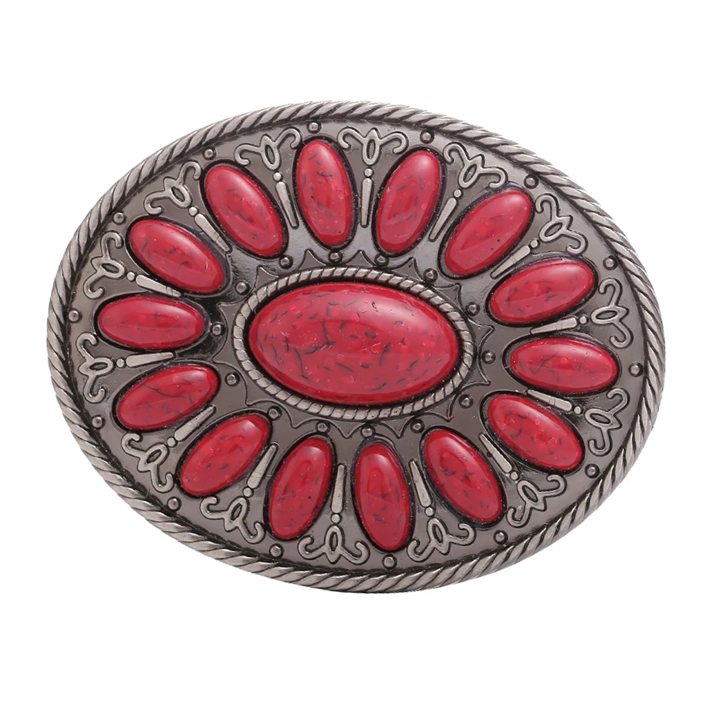 Bohemia Style Oval Red Gem Beads Metal Western Cowboy Belt Buckle