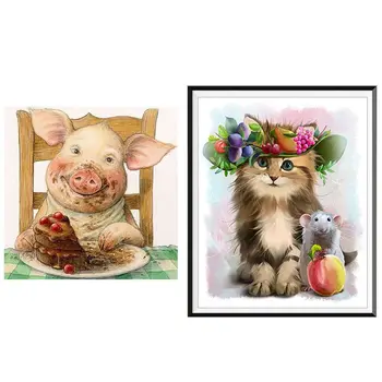 

2 Set Full Square Drill 5D DIY Diamond Painting3D Embroidery Cross Stitch Set "Cute Pig Cake" & Cat and Mouse