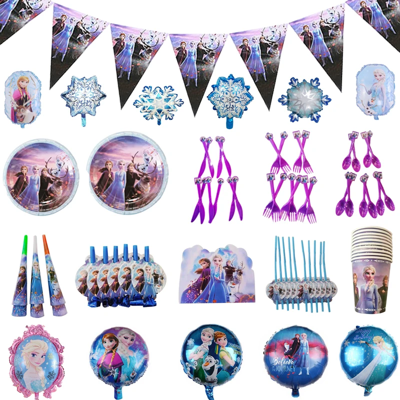 

Disney Frozen 2 Party Elsa Princess Disposable Tableware Set Plates Napkins Straw Birthday Party Decorations Girls Kids Supplies