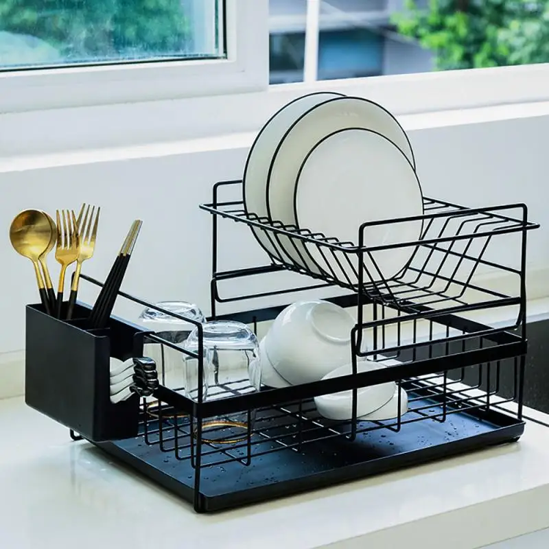 

Double-layer Iron Tableware Storage Dish Rack with Drainboard Multifunctional Kitchen Racks Drain Dish Rack for Home Black White