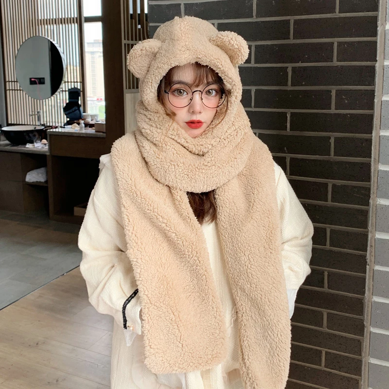 Bear ear protection hat female autumn and winter cute winter plush scarf hooded all-match Korean version to keep warm hat men's bomber hat rabbit fur