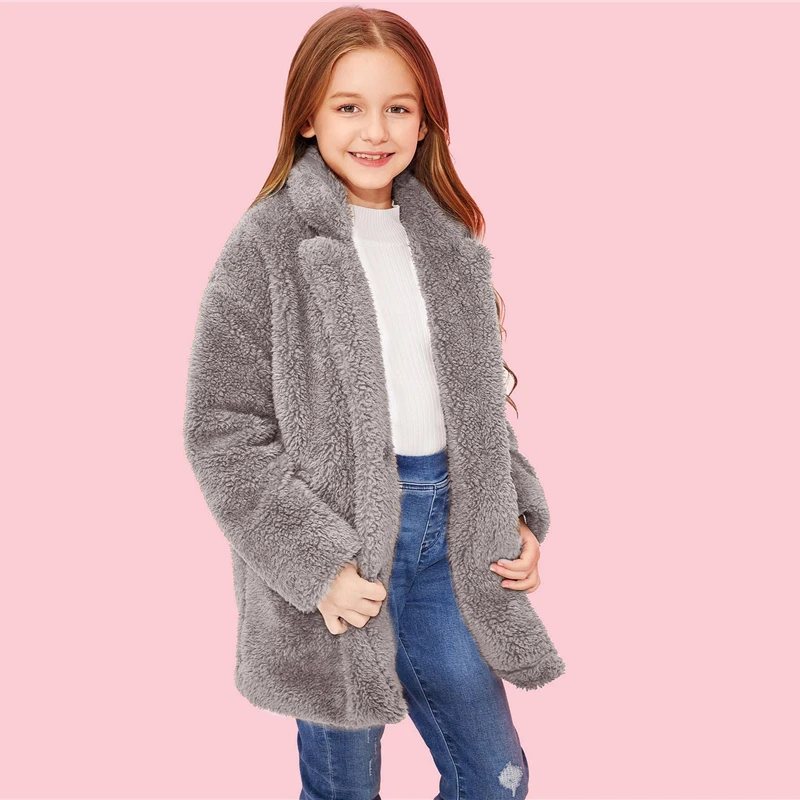 SHEIN/ г. Детское пальто для девочек с зазубренным воротником, со скрытой планкой, плюшевое пальто Детская одежда зимние повседневные пальто с длинными рукавами и пуговицами спереди