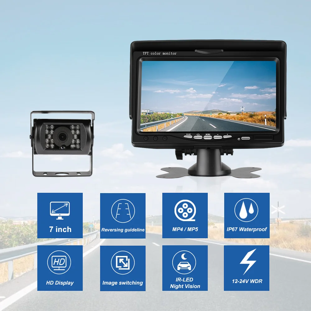 12-24V 7" HD screen Car Monitor Security TFT LCD Monitor Parking Rearview System Backup Reverse Camera For Harvester RV Truck