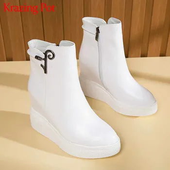 

Krazing Pot casual style wedges cow leather boots metal decorations round toe thick bottom women winter fashion ankle boots L46