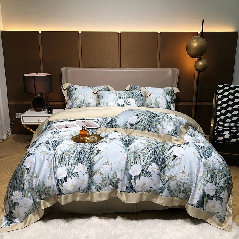 

Luxury Flower And Plant Printing Tencel Duvet Cover Bed Linen Fitted Sheet Pillowcases Bedclothes King Queen Size 4PCS