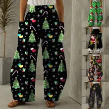 

Elastic Waist Wide Leg Xmas Pants Big Pockets Christmas Tree Snowflake Print Women Casual Trousers Streetwear