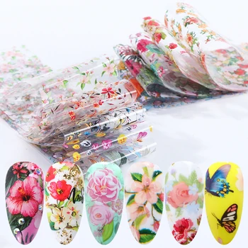 

10 pcs Mix Flowers Nail Foil Stickers Transfer Starry Paper Floral Adhesive Decals Wraps Butterfly Sliders For Manicure LA718-1