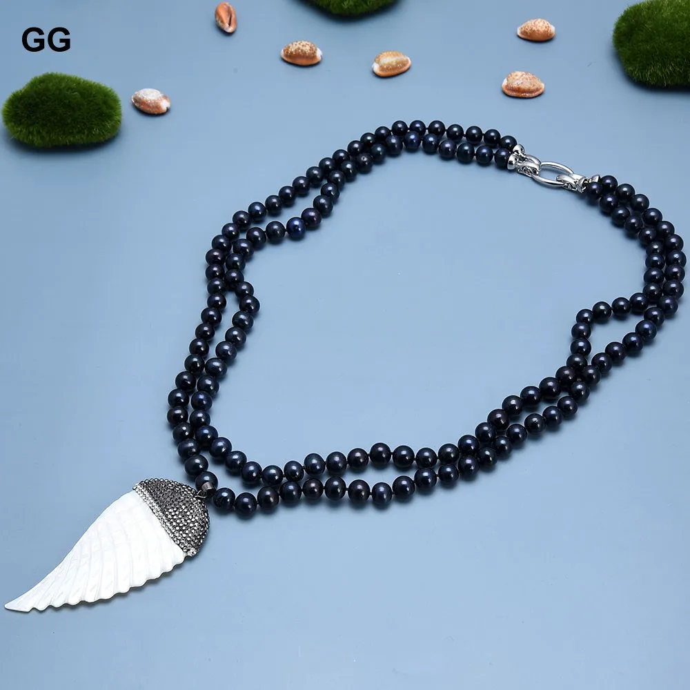 GG Jewelry 2Strands Natural Black Round Freshwater Pearl Necklace Shell Carved Wing Feather Pendant Handmade For Women image_2