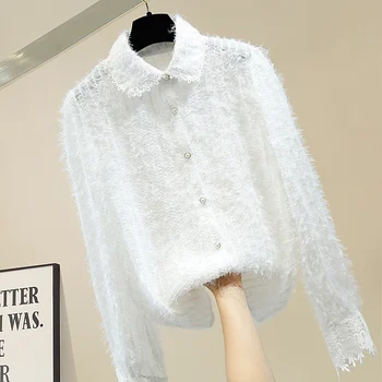 

Aristocratic Temperament Shirt Women's Spring Single Breasted Lace Crochet Furry Shirt White Blouse Ladies Tops Office Shirts