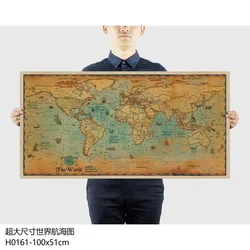 Grand papier carte du monde nautique rétro nostalgique Pc001, 100x51cm, affiche de carte murale, décoration de la maison, autocollant mural 