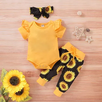

Hot Sale Infant Girls Outfits Solid Color Romper Top+Sunflower Printing Pants＋Headband Outfits Set Girls Cotton Three-piece Sets