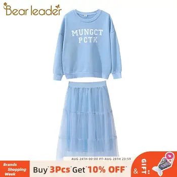 

Bear Leader Teenager Girls Autumn Casual Outfits 2PCS Letter Pattern Sweatshirts and Solid Mesh Skirt Girls Loose Fashion Suits