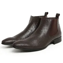 Mens Pointed Toe Chelsea Boots Ostrich Pattern Slip-on Ankle Boots Business Man Genuine Leather Dress Boots Shoes Mens Pointed Toe Chelsea Boots Ostrich Pattern Slip-on Ankle Boots Business Man Genuine Leather Dress Boots Shoes