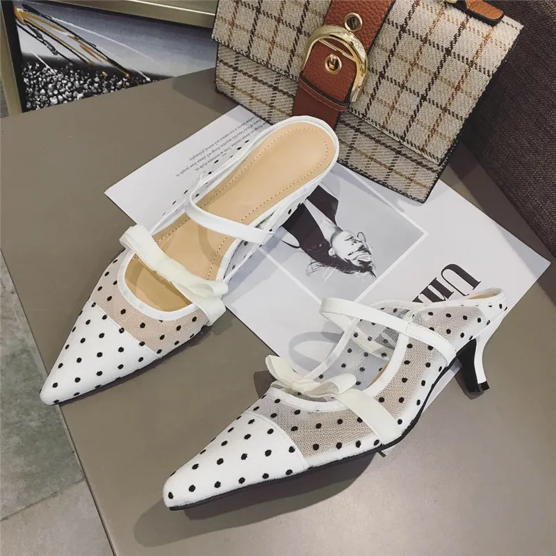 Туфли Wellwalk женские классические шлепанцы на каблуке кружевные заостренный носок