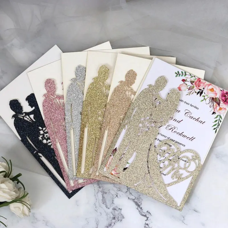  10pcs/set Glitter Laser Cut Mr & Mrs Wedding Invitations Card Party Supplies - 4000300180405
