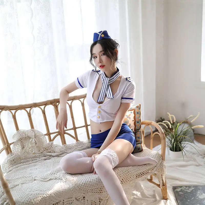 New Sexy Lingerie Set Classic Stewardess Uniform Sexy Temptation Passion Stockings Hat + bow tie + top skirt socks Set