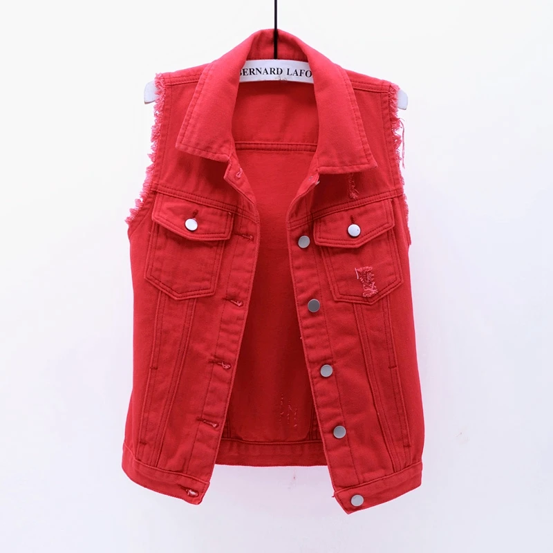 

Fashion Short Women Denim Vest Summer Single-breast Holes Jeans Vest Female Casual 6 Color Casual Waistcoat Sleeveless Jacket