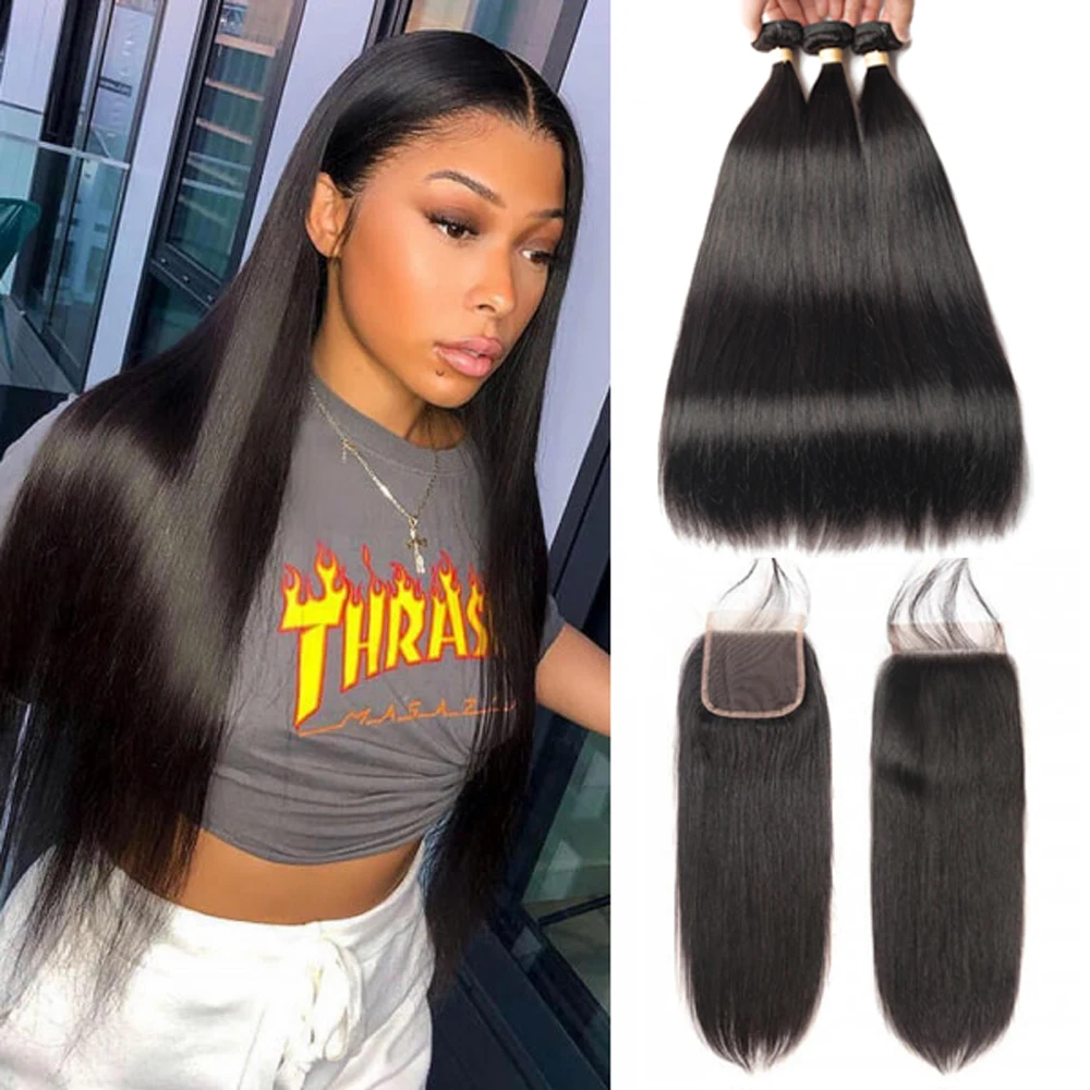 Sapphire 10A Peruvian Straight Hair Bundles With Closure Human 3 Lace Middle/Three/Free Part | Шиньоны и парики