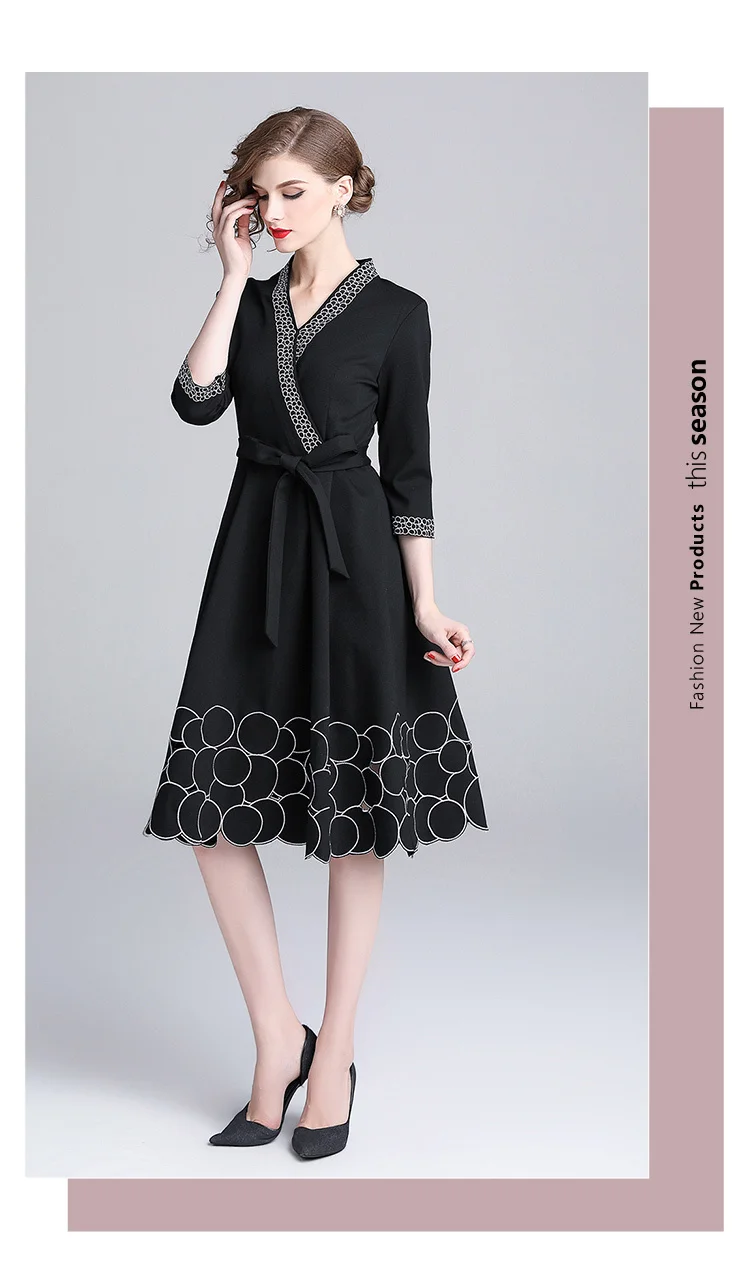 Осеннее платье с v-образным вырезом и вышивкой; черное платье; Vestido Invierno Mujer; ; женские вечерние платья средней длины для офиса; Femme Dames Jurken