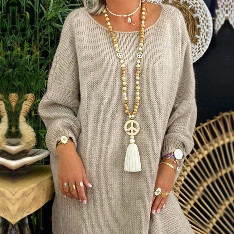 

Sweater Chain New Autumn and Winter Sweater Chain Pendant Handmade String Wooden Beads Tassels and Peace Pendant Long Necklace