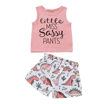 

1-5Y Toddler Baby Kid Girls Clothes Set Summer Letter Vest Tops +Cartoon dinosaur Shorts Outfits Children Costumes