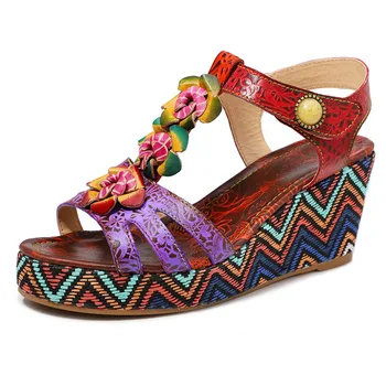 

YourSeason Female Platform Sandals Retro Wedges Shoes Genuine Leather High Heels Summer Hook Loop Hand Painted Sandals 2020