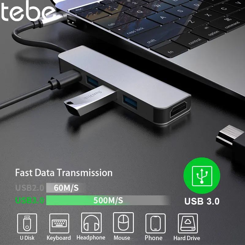 USB концентратор tebe 5 в 1/6 1 для Macbook Huawei из алюминиевого сплава с поддержкой быстрой