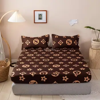 

Fashion Brand Coffee Letter Printed Fitted Sheet Bed Sheet with Pillowcases 3pcs Mattress Protector Cover Twin Queen King Size