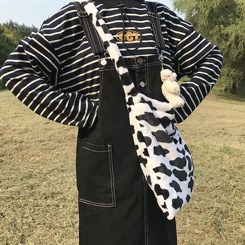 Женские сумки на плечо с рисунком коровы из молока, большие сумки через плечо для студентов, сумка через плечо в японском стиле с принтом, мягкие мессенджеры B596