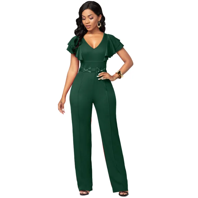 Red Plus Size Jumpsuit V Collar Short Sleeve Ruffles Women Rompers and Jumpsuites 2021 Club Outfits Elegant Woman Baggy Jumpsuit 3
