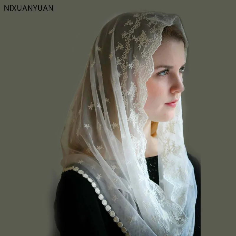 Ivory Black Catholic Veil Jerusalem Muslim Ladies Lace Shawl Scarf Mantillas Church Catholic Bridal Wedding Cape lace veil